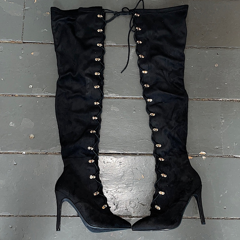 Fashion Nova black and gold thigh high heels